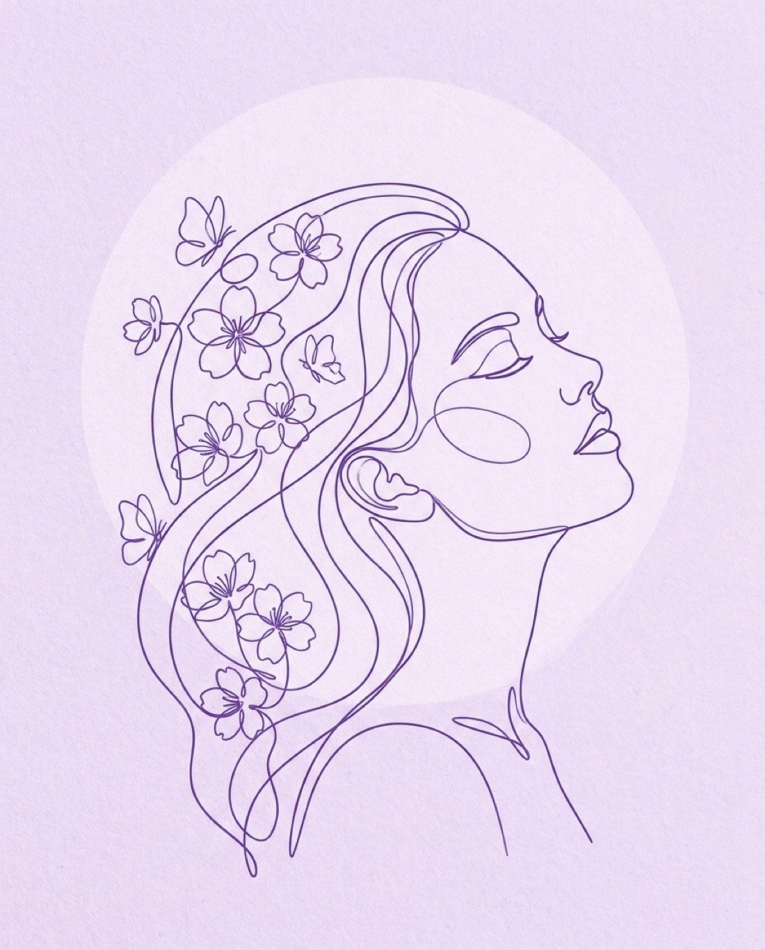 Ilustración de línea continua de un rostro femenino de perfil con flores y mariposas, en tono violeta sobre lila empolvado