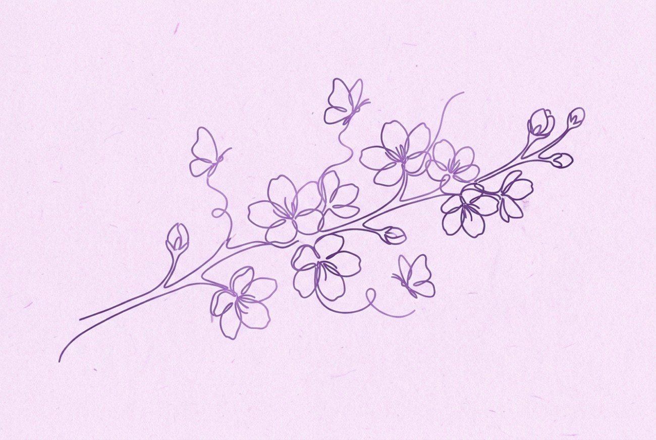 Ilustración de línea continua de una rama de cerezo con mariposas, en tono violeta sobre lila empolvado