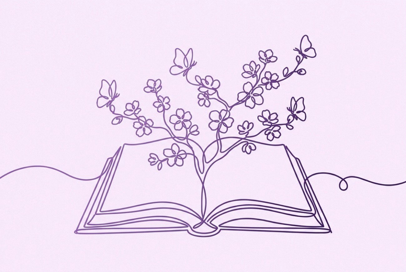 Ilustración de línea continua de un libro abierto del que brotan flores y mariposas, en tono violeta sobre lila empolvado