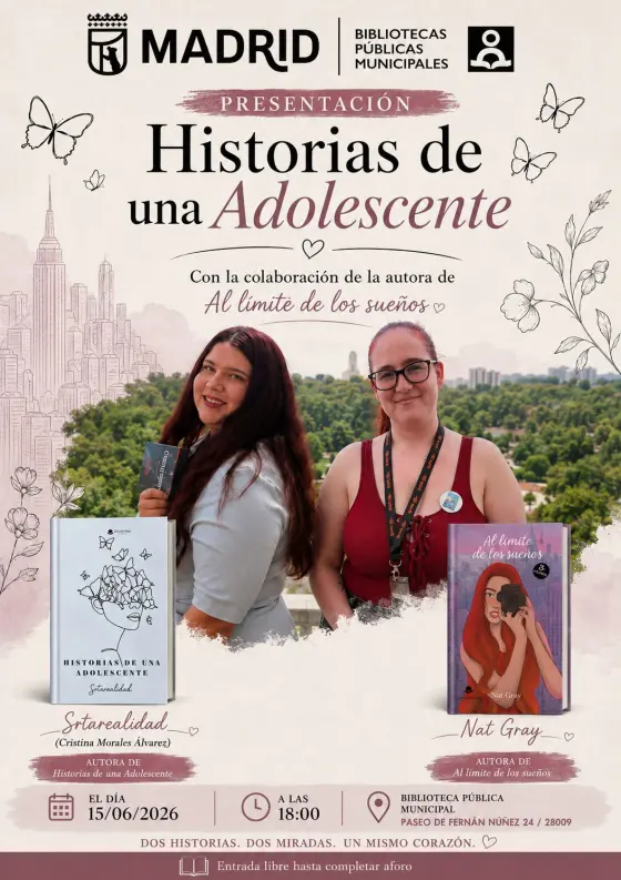 Cartel de la presentación en Biblioteca Pública Municipal, Madrid, el 15 de junio de 2026, junto a Nat Gray.