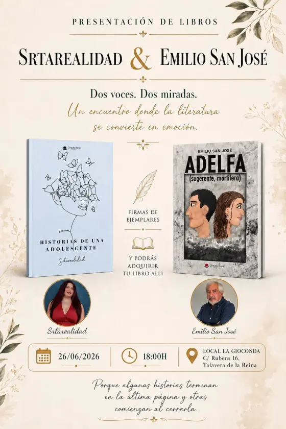Cartel de la presentación en Local La Gioconda, Talavera de la Reina, el 26 de junio de 2026, junto a Emilio San José.