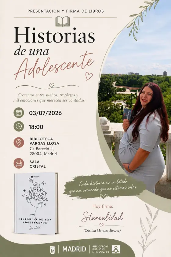 Cartel de la presentación en Biblioteca Vargas Llosa, Madrid, el 3 de julio de 2026.