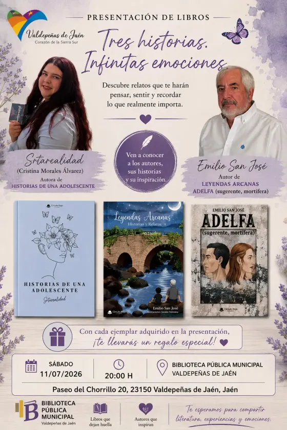 Cartel de la presentación en Biblioteca Pública Municipal, Valdepeñas de Jaén, el 11 de julio de 2026, junto a Emilio San José.
