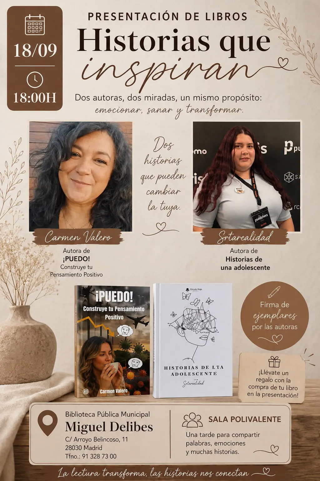 Cartel de la presentación en Biblioteca Pública Municipal Miguel Delibes, Madrid, el 18 de septiembre de 2026, junto a Carmen Valero.