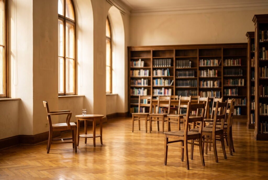 Sillas de madera en semicírculo en la sala de lectura vacía de una biblioteca, antes de una charla.