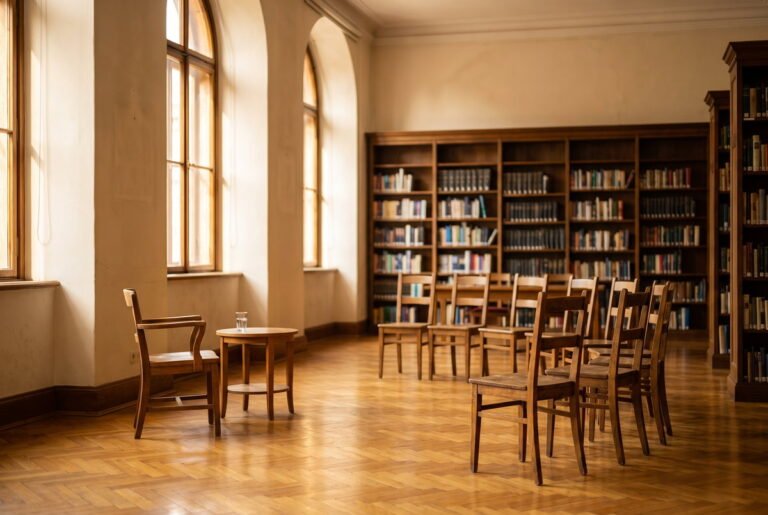Sillas de madera en semicírculo en la sala de lectura vacía de una biblioteca, antes de una charla.